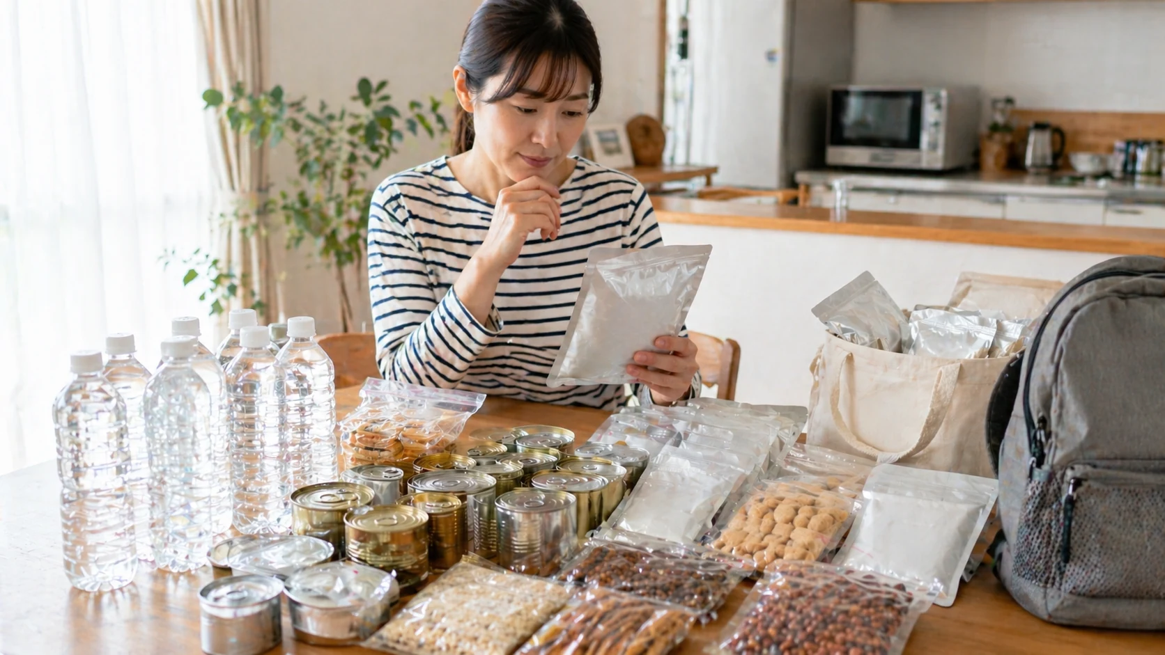 災害時の食料備蓄を役割ごとに整理したリストの写真。主食や主菜が明確に分かれています。