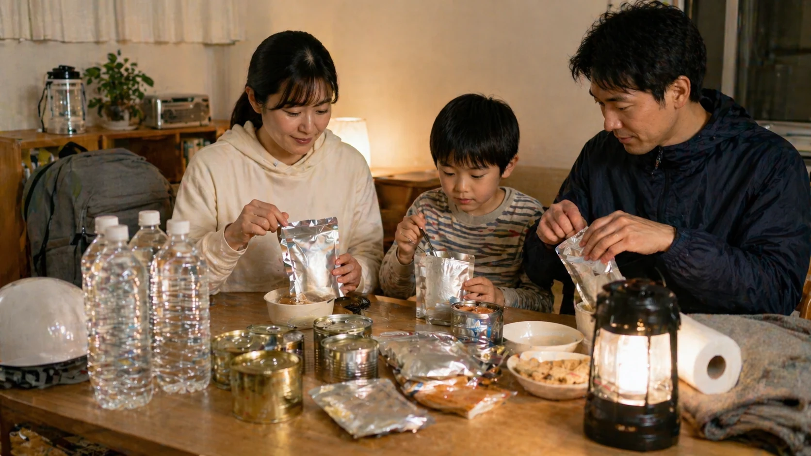 調理不要な災害時の非常食が並ぶキッチンの写真。すぐに食べられる食品が揃っています。