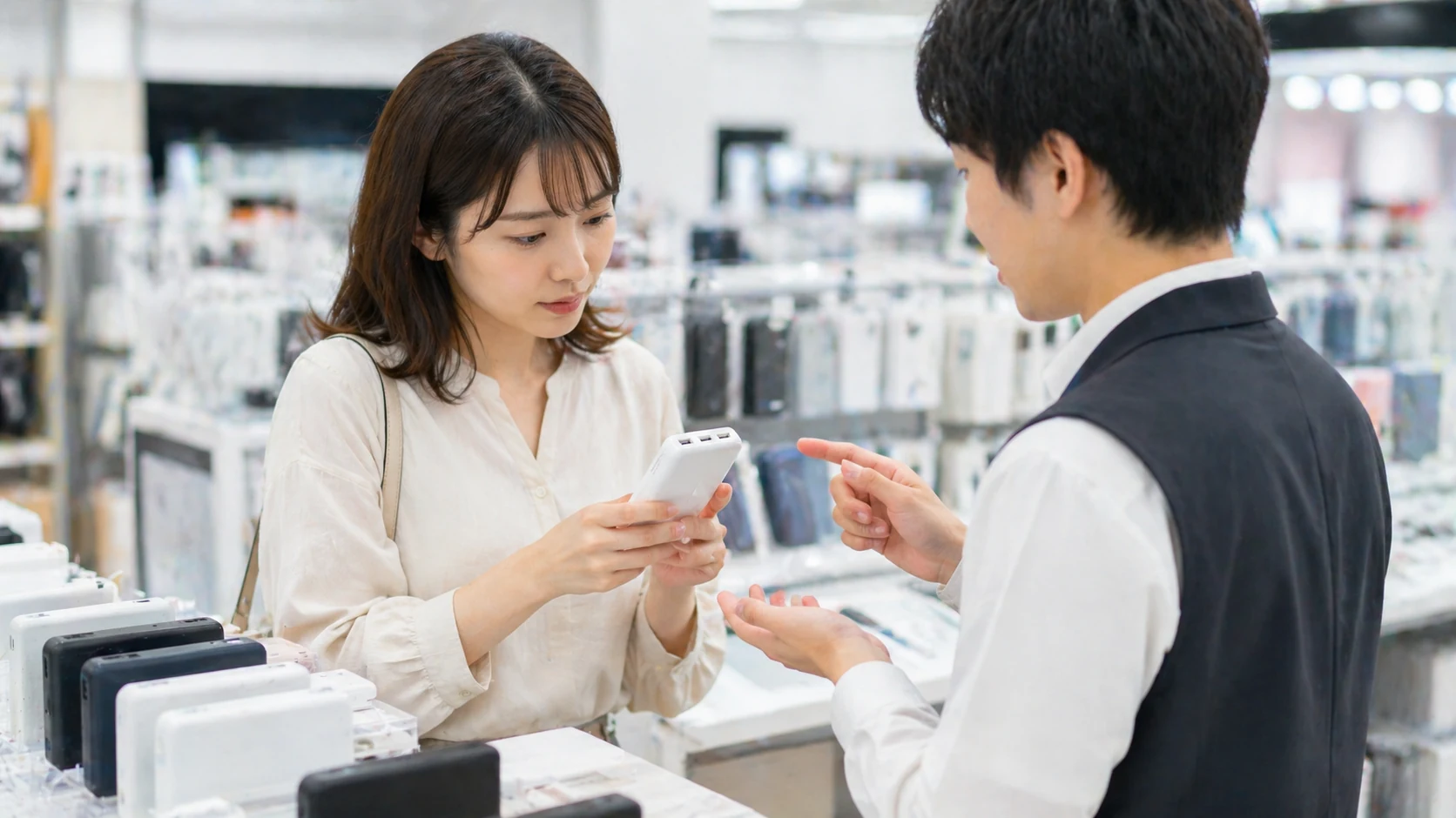 家族がダイニングテーブルで異なる用途に合わせたモバイルバッテリーを比較し、特徴を話し合っている様子。