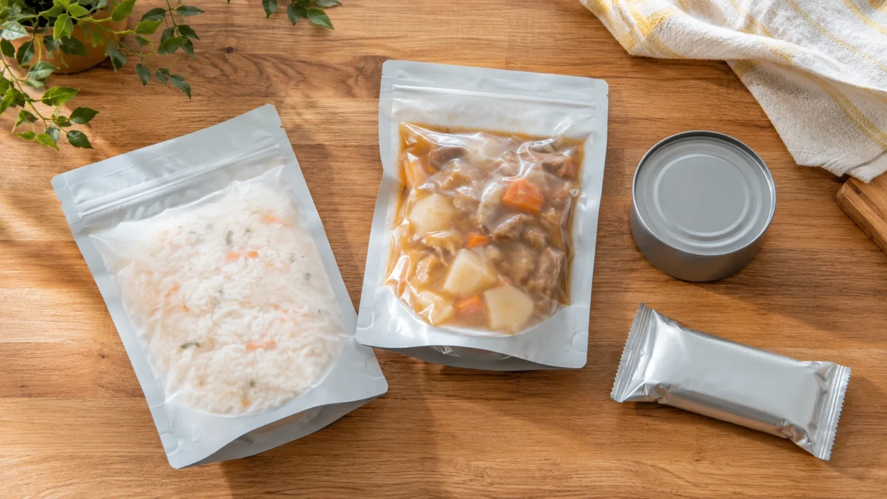 木目のキッチンカウンターに並べた非常食のイメージ