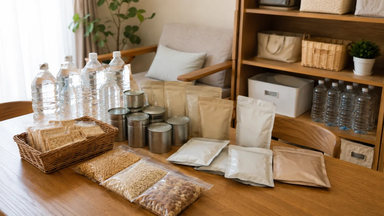 災害時に備える食品や飲料を家庭内で整理している防災備蓄の様子