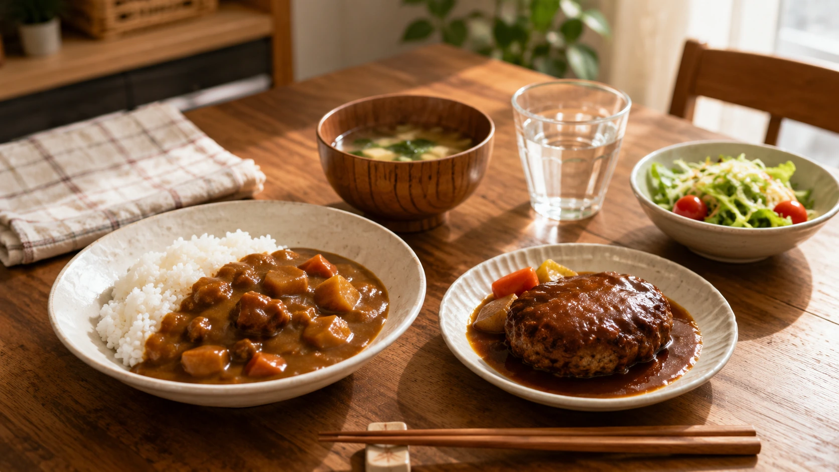 非常食のおかず系を食卓に盛り付けたシーン — カレーライスとハンバーグが並ぶ温かい食事