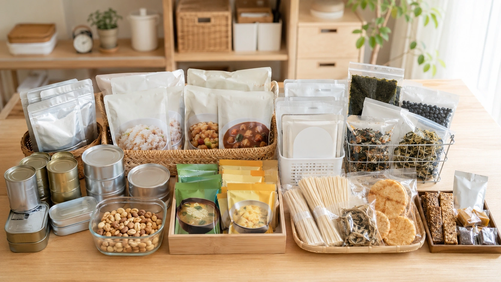缶詰・フリーズドライ食品・乾物など長期保存可能な食品が整然と並んでいる様子