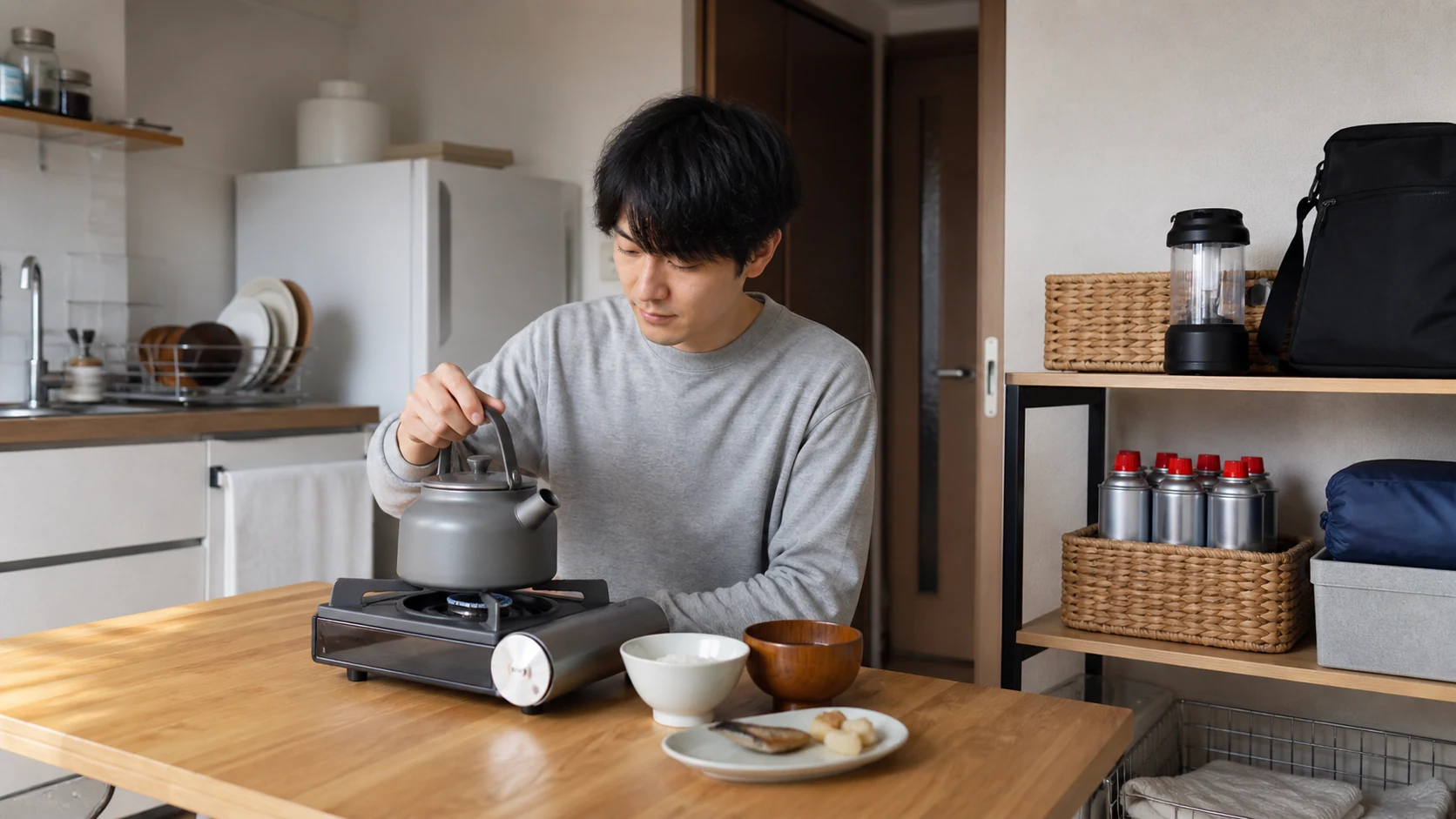 一人暮らしの台所でカセットコンロを使って調理している様子