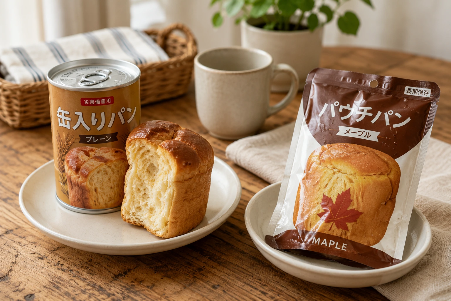 缶パンを開けてパンを取り出しているシーン — 木製まな板の上にしっとりしたパン