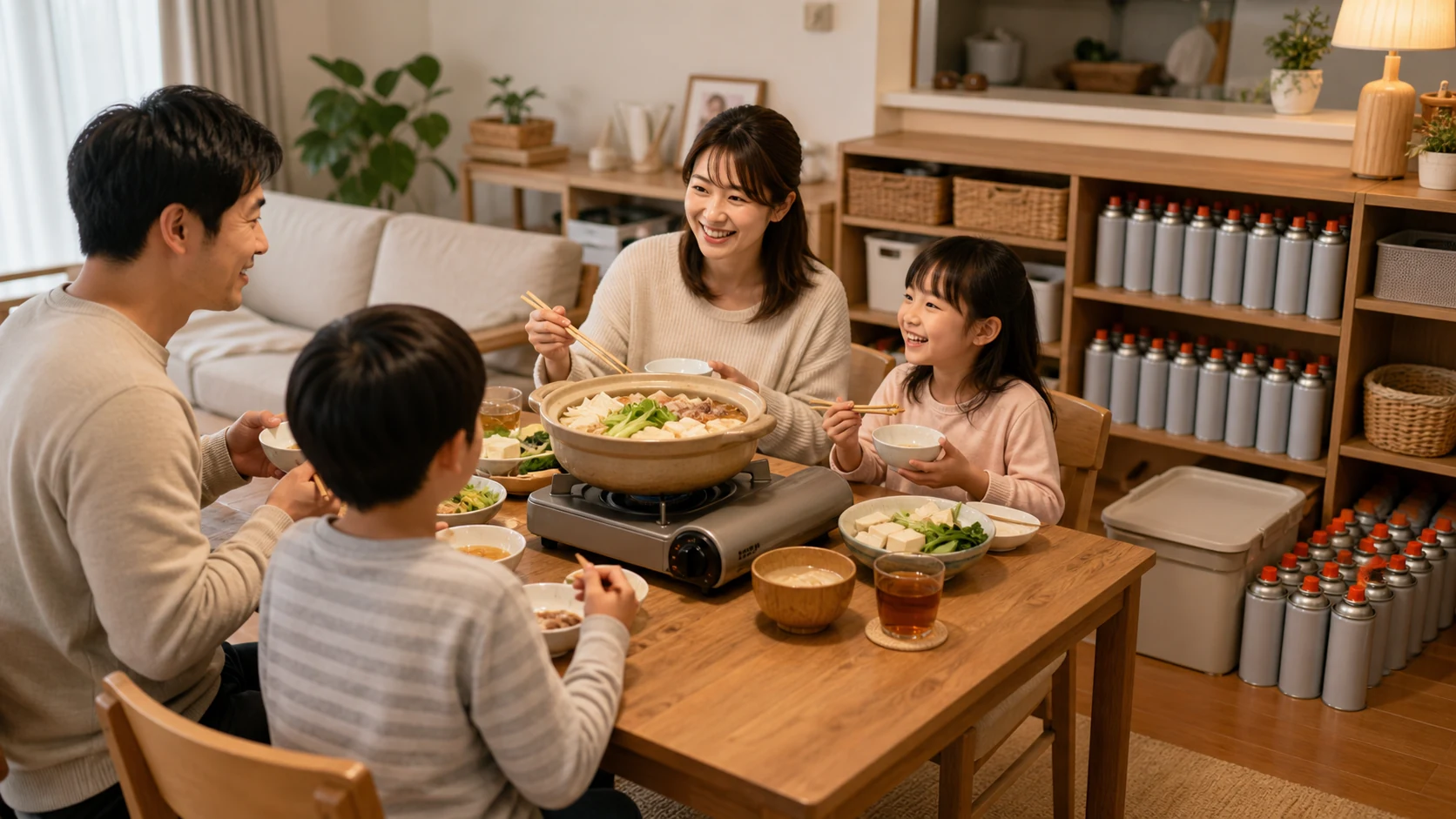 4人家族でカセットコンロを囲んで食事している様子