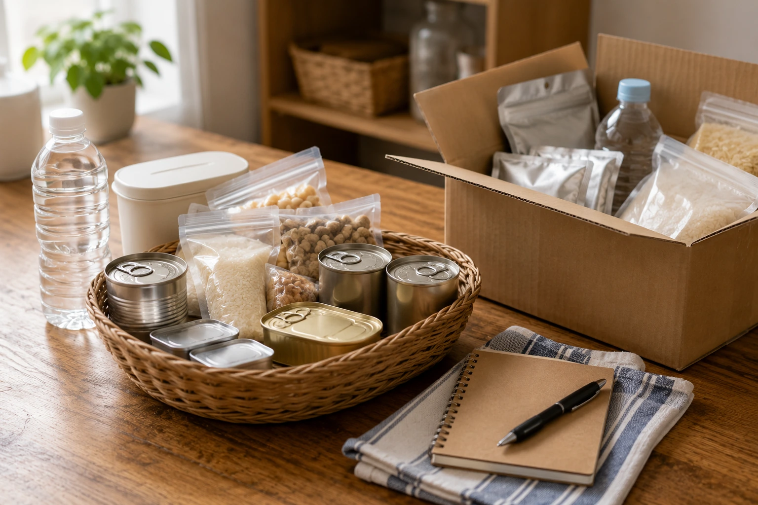 ローリングストックの実践シーン — 棚に備蓄食品を整理して新旧を入れ替える手元