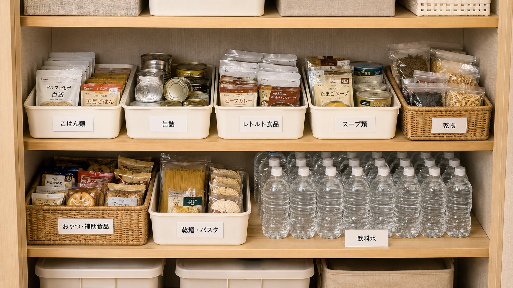 押し入れや収納棚にラベルを貼った保存食が種類別に整理されている様子