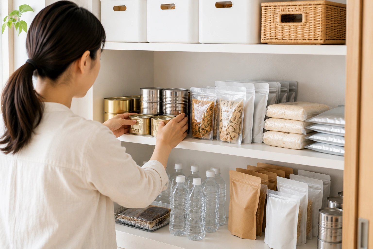 備蓄棚の食品を賞味期限順に並べ替えて管理している様子