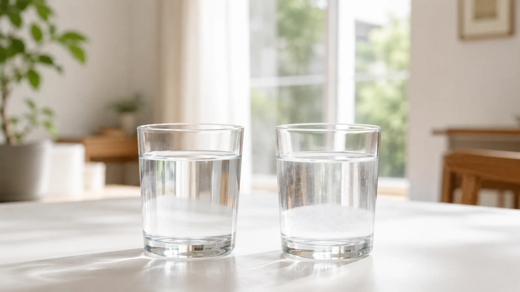 テーブルに並んだ2杯の水（左が軟水、右が硬水のイメージ）