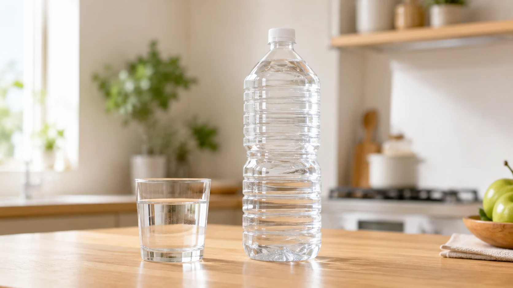 未開封の保存水ボトルと注がれたグラスの水