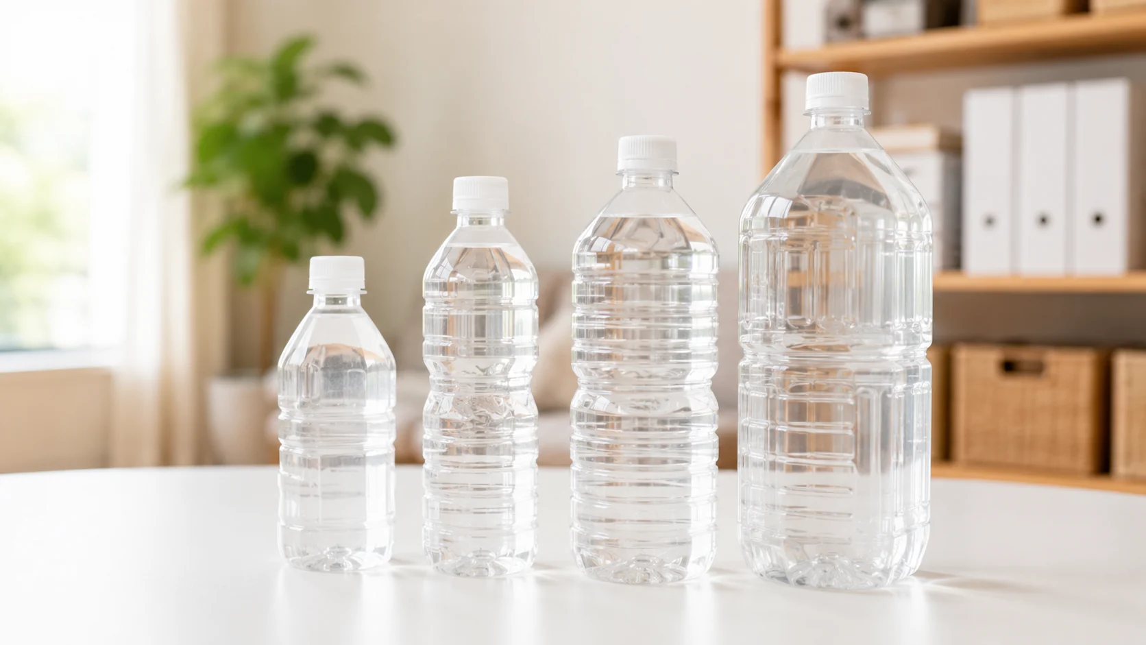 異なる種類の保存水ボトルが並んだ比較イメージ
