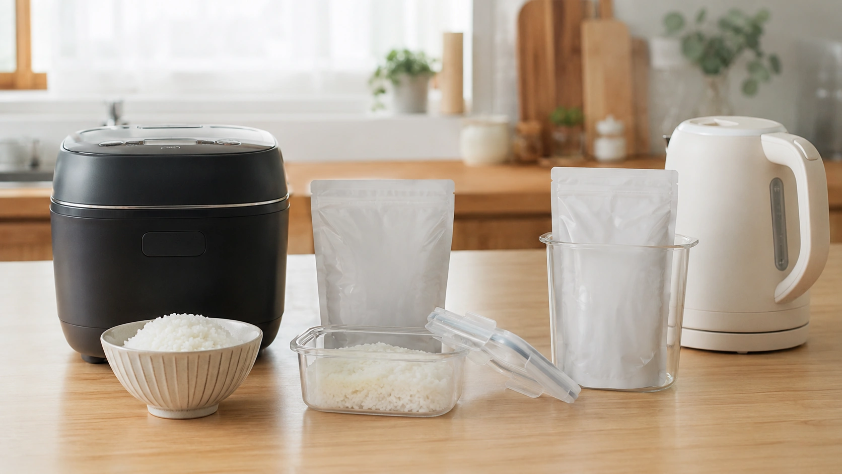 キッチンカウンターに並ぶ炊飯器と電気ケトル、2つの調理法の比較