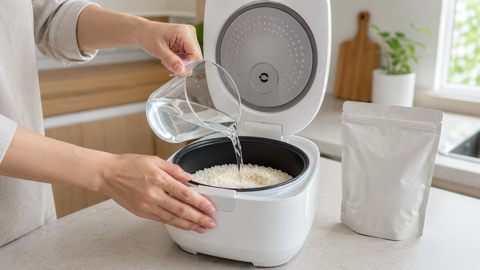 炊飯器の内釜にアルファ米を注いでいる手元のクローズアップ