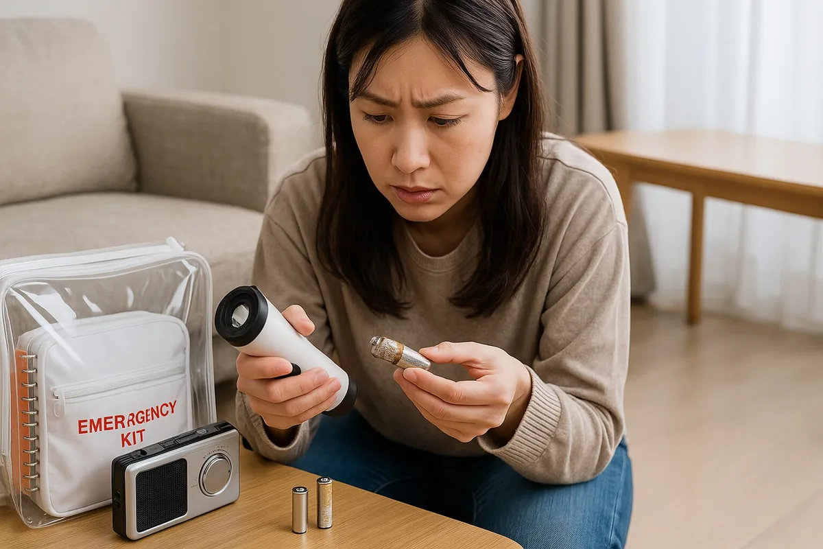 防災用の懐中電灯に乾電池を入れたまま保管し、液漏れや腐食がないか確認している様子