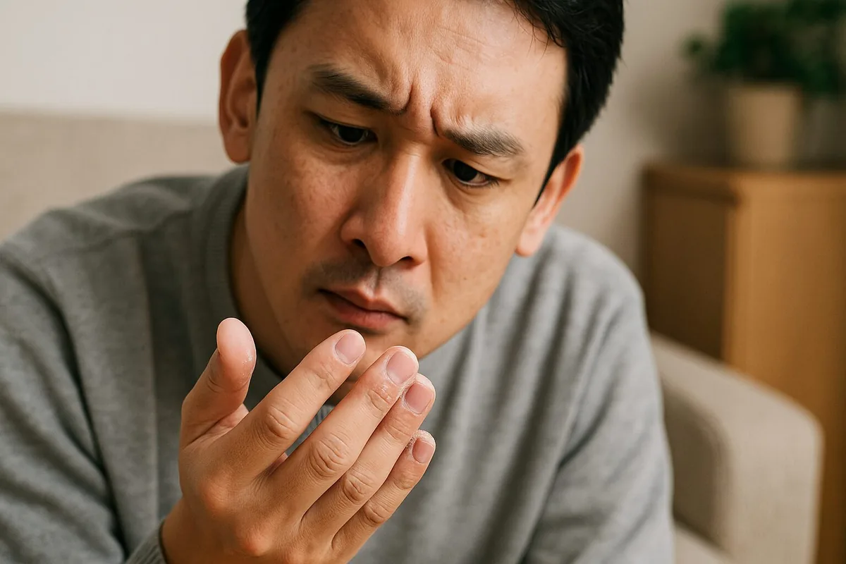 乾電池の液漏れで生じた白い粉が指先に付着した様子