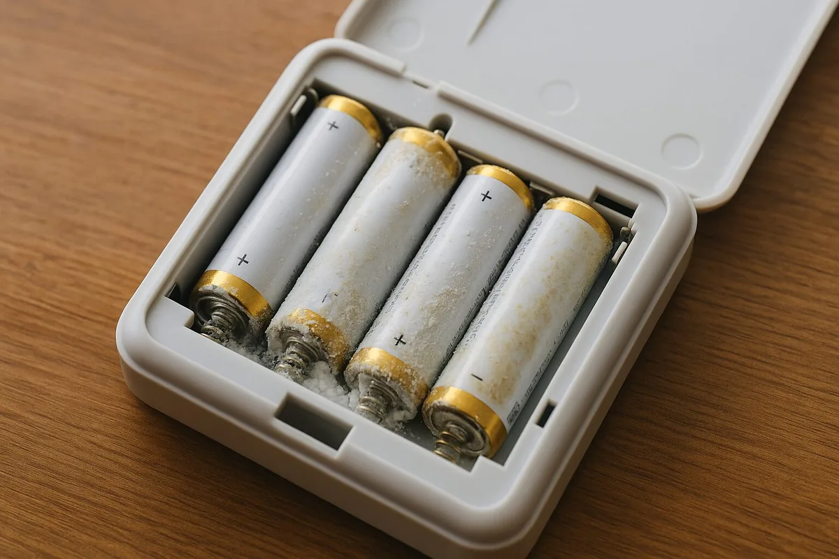 機器の電池ボックスで単三乾電池が液漏れし、白い粉と腐食が生じている接写