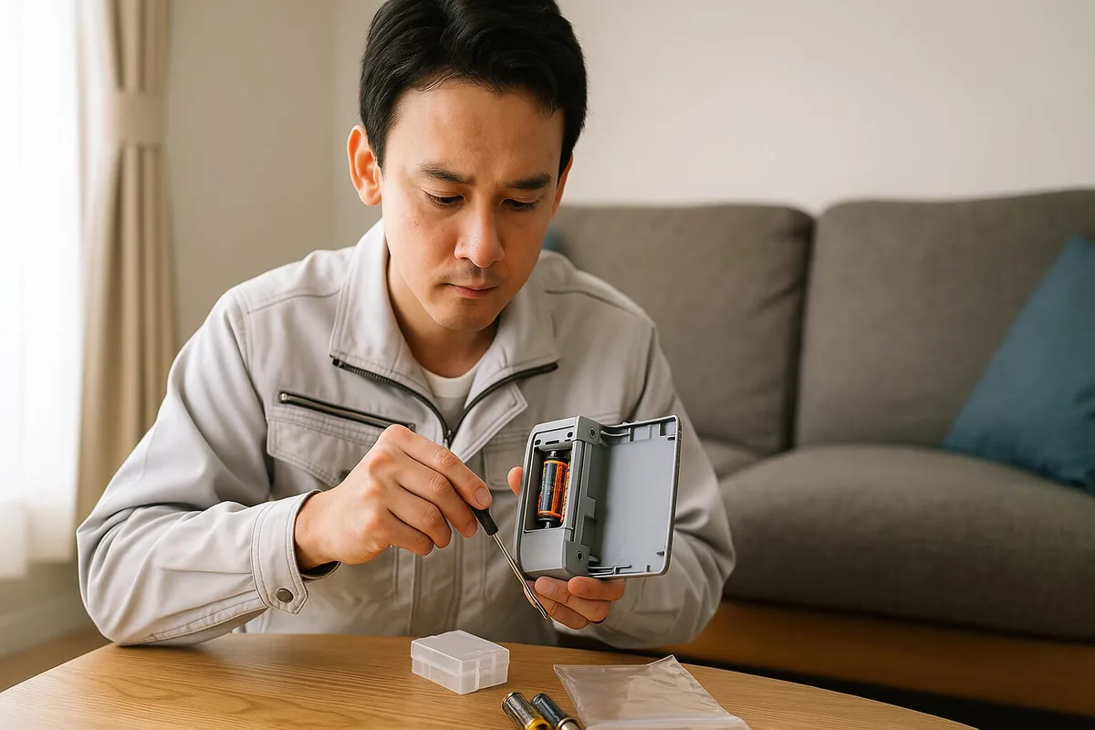 電池式の防災機器のふたを開け、電池の液漏れや消耗がないか点検している様子
