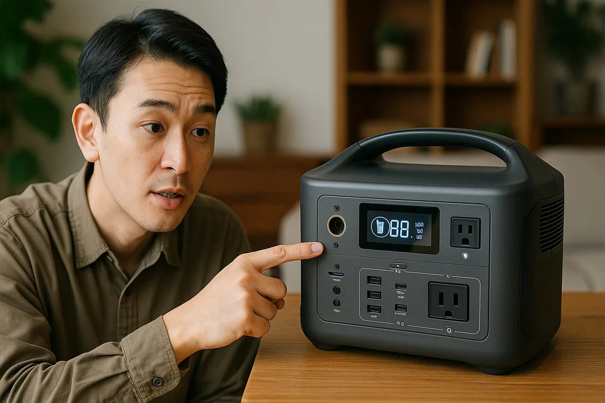 ポータブル電源の液晶画面でバッテリー残量や出力を確認している様子