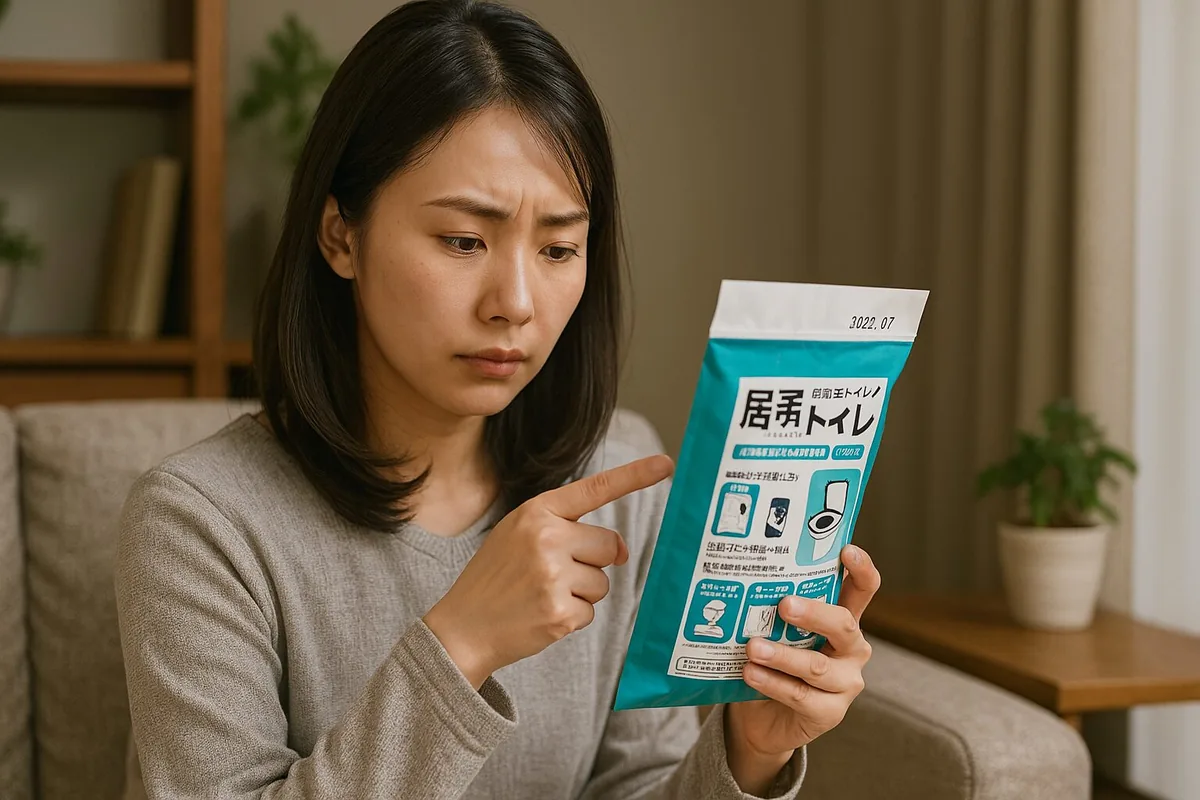 防災用簡易トイレのパッケージで保存期限を確認している様子