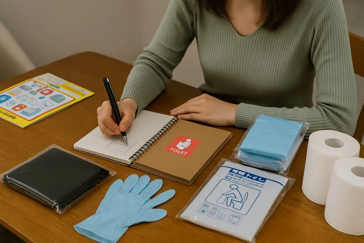 自宅の机で防災用の簡易トイレ用品を並べ、何日分必要かを計画している様子