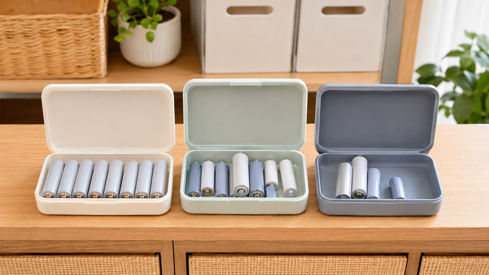 未使用・使いかけ・使用済みの乾電池を3つに分けて管理している様子