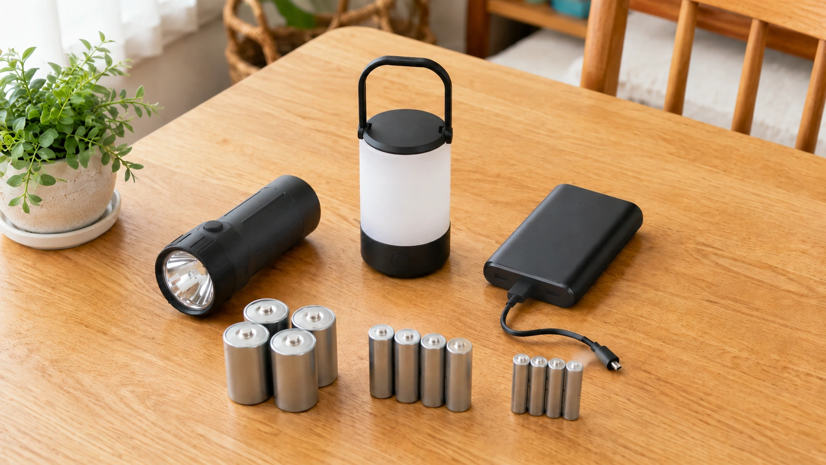 乾電池と充電式ライト・モバイルバッテリーを用途別に並べた俯瞰