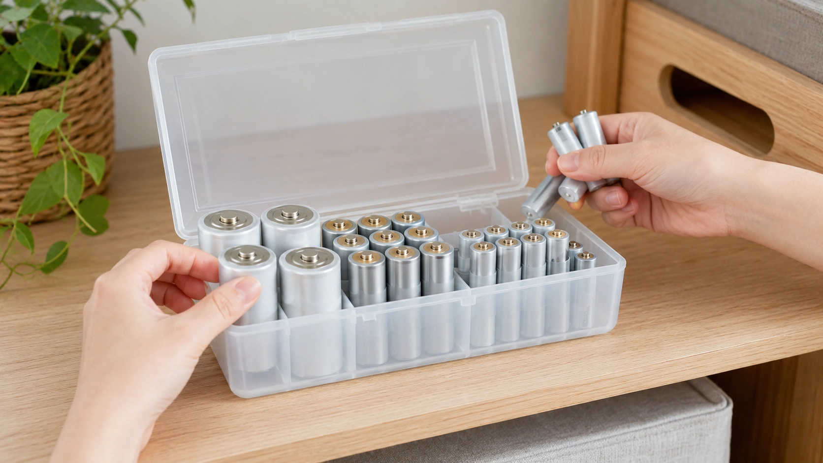 購入日や期限を意識しながら乾電池を手前から使うローリングストックの様子