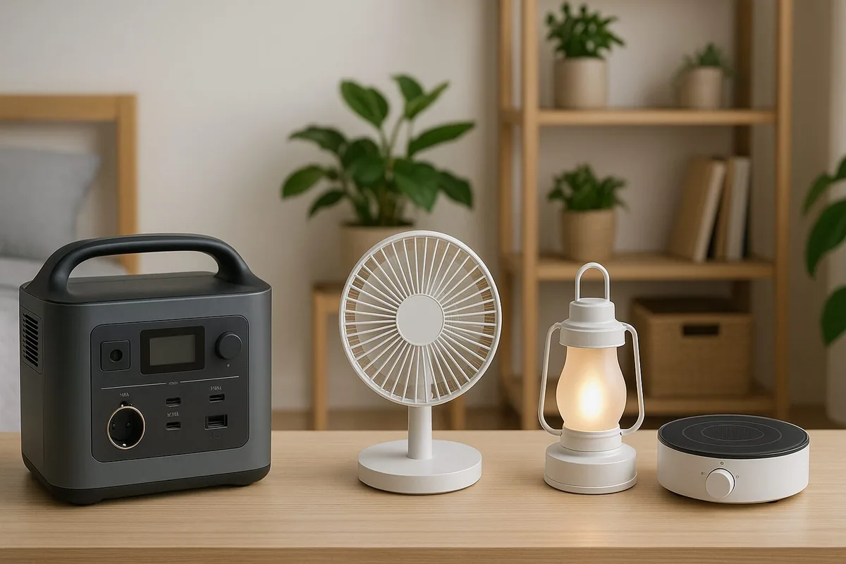 テーブルに並んだポータブル電源とUSB扇風機・LEDランタンなど停電時に使う小型家電