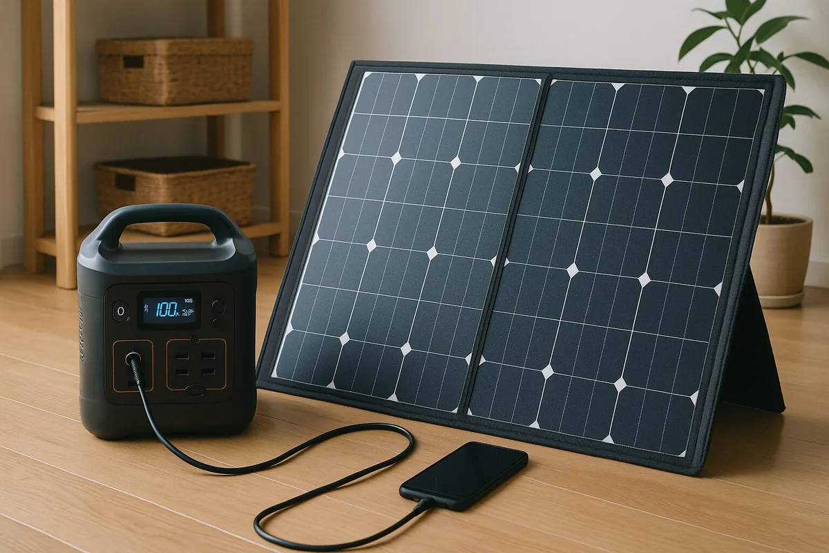 ポータブル電源にスマートフォンをつなぎ、折りたたみソーラーパネルで充電している様子
