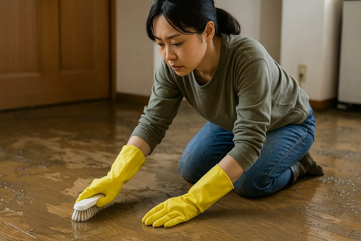 ゴム手袋を着けて泥水で汚れた床を掃除している様子